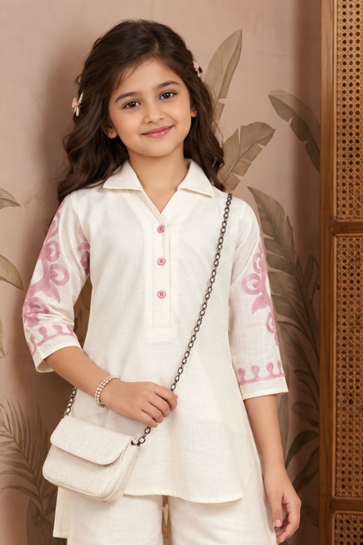 Girls Cream With  Pink Embroidered  Printed Kurta Palazzo Set Set For Girls