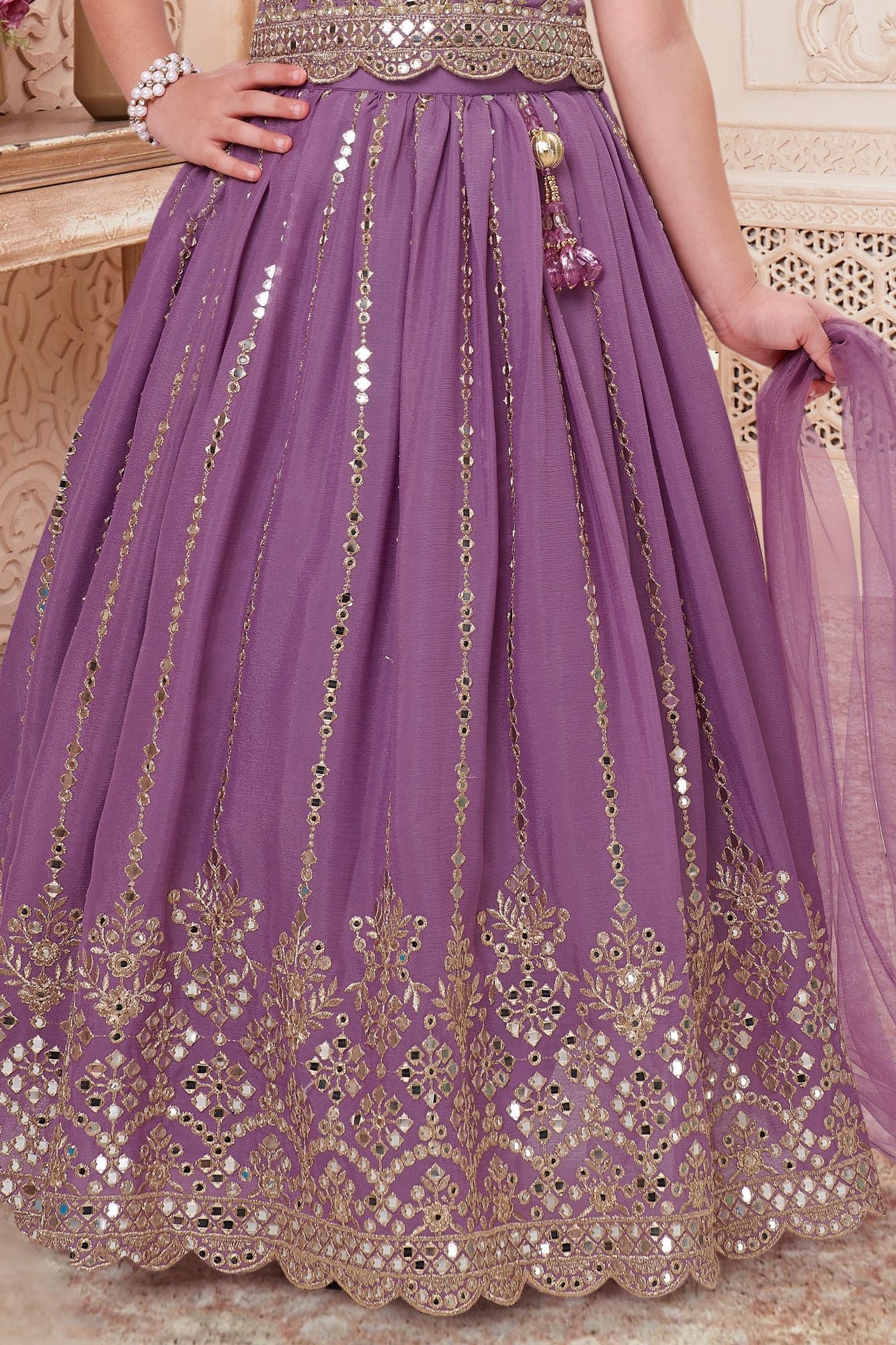 Girls Lavender Embroidered Lehenga Choli Set with Dupatta