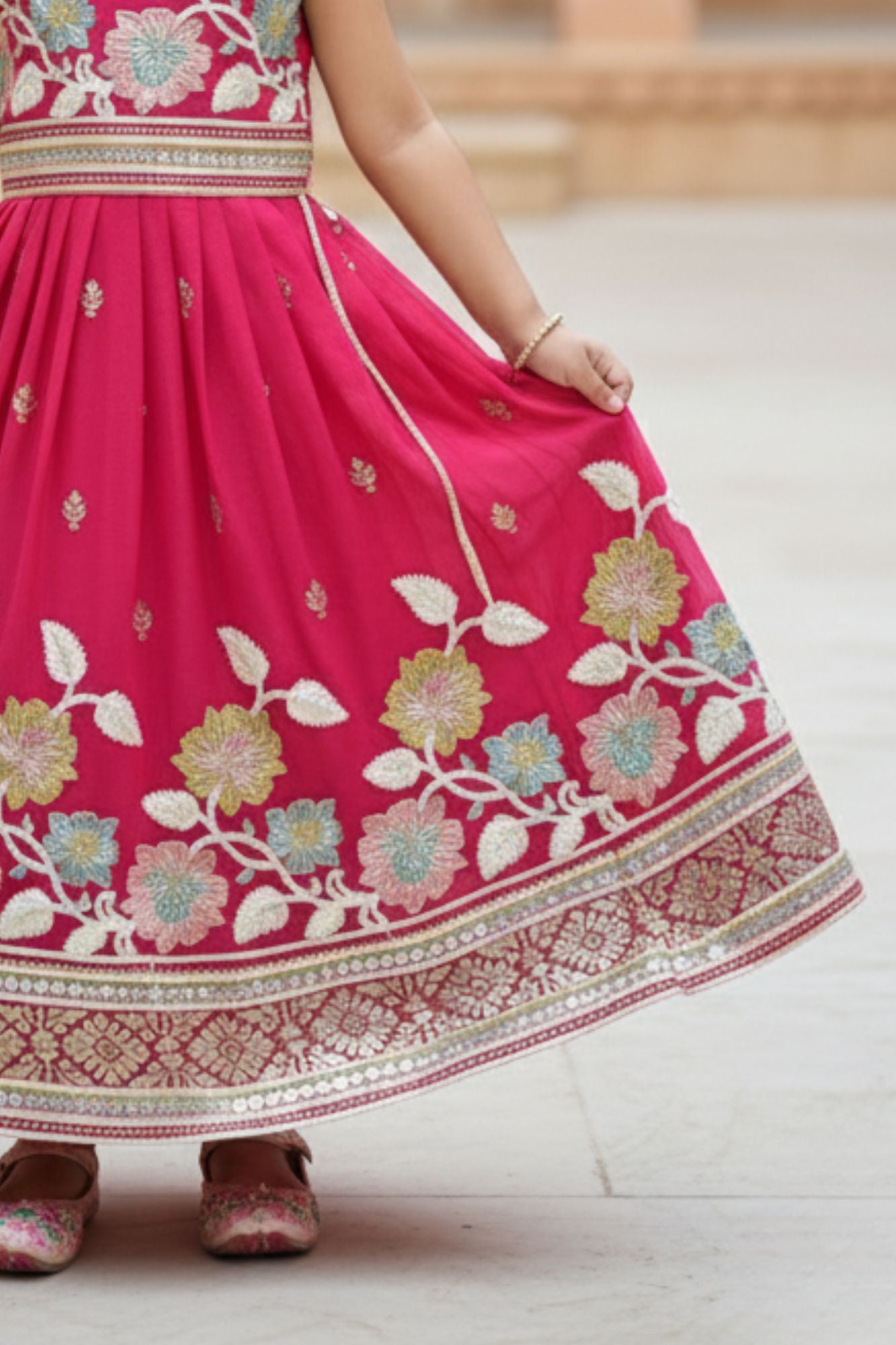 Fuchsia Pink Floral Embroidered Lehenga Choli Set For Girls