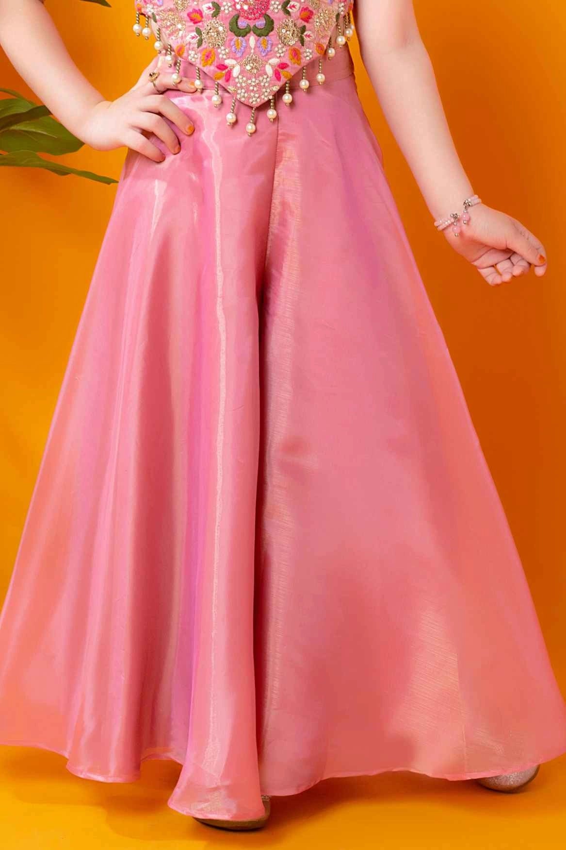Pink Sequins Work With Thread Embroidery Palazzo Set For Girls