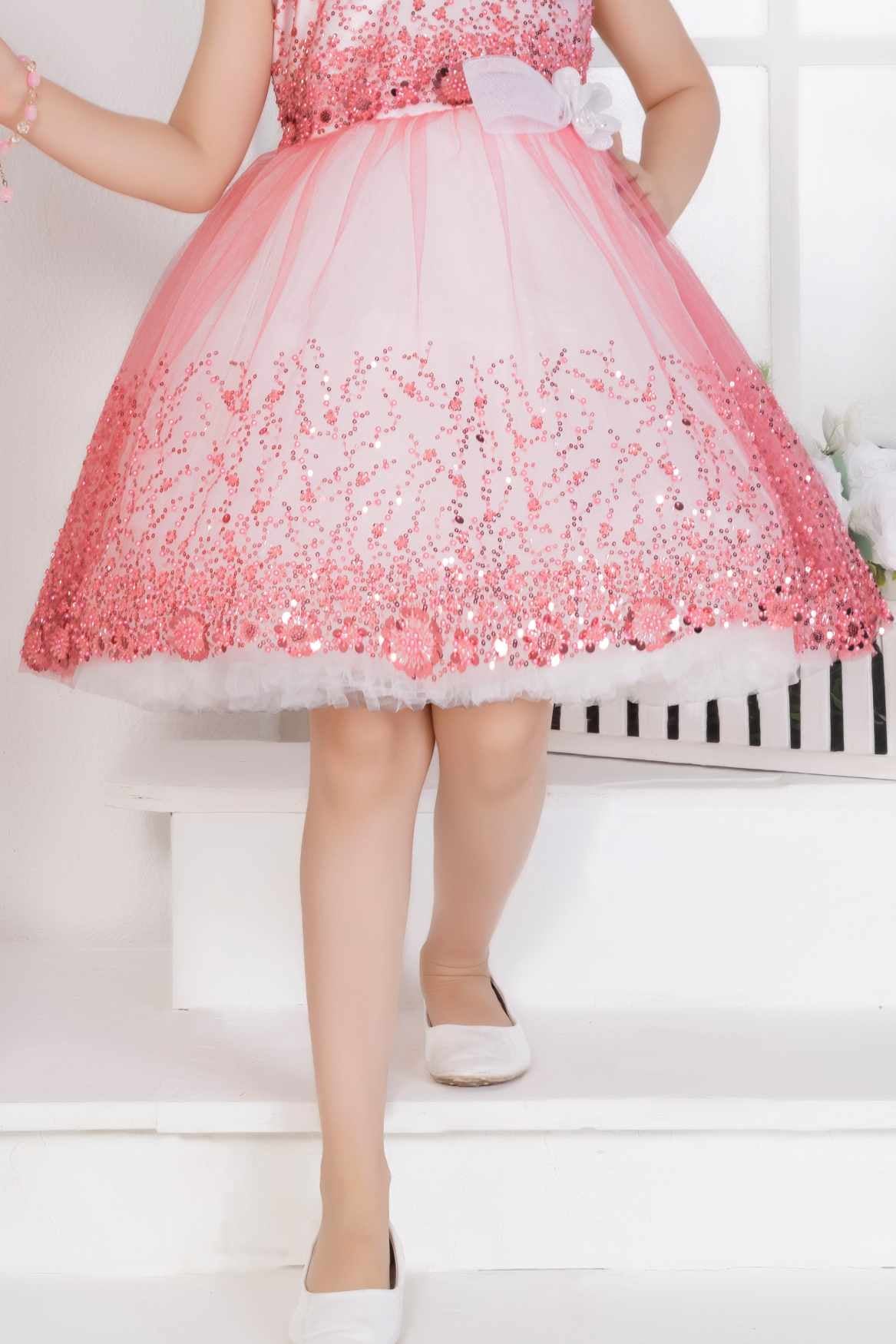Gajri Pink Sequin Party Wear Frock with Bow For Girls