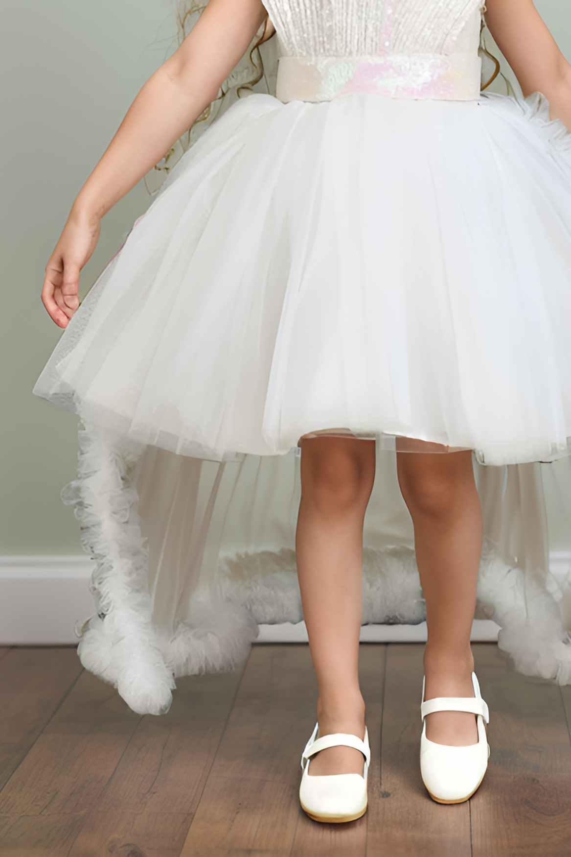 Designer White Sequin Partywear Net Tailback Frock For Girls - Lagorii Kids