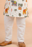 White Printed Kurta Pyjama Set with Elephant Motifs For Boys