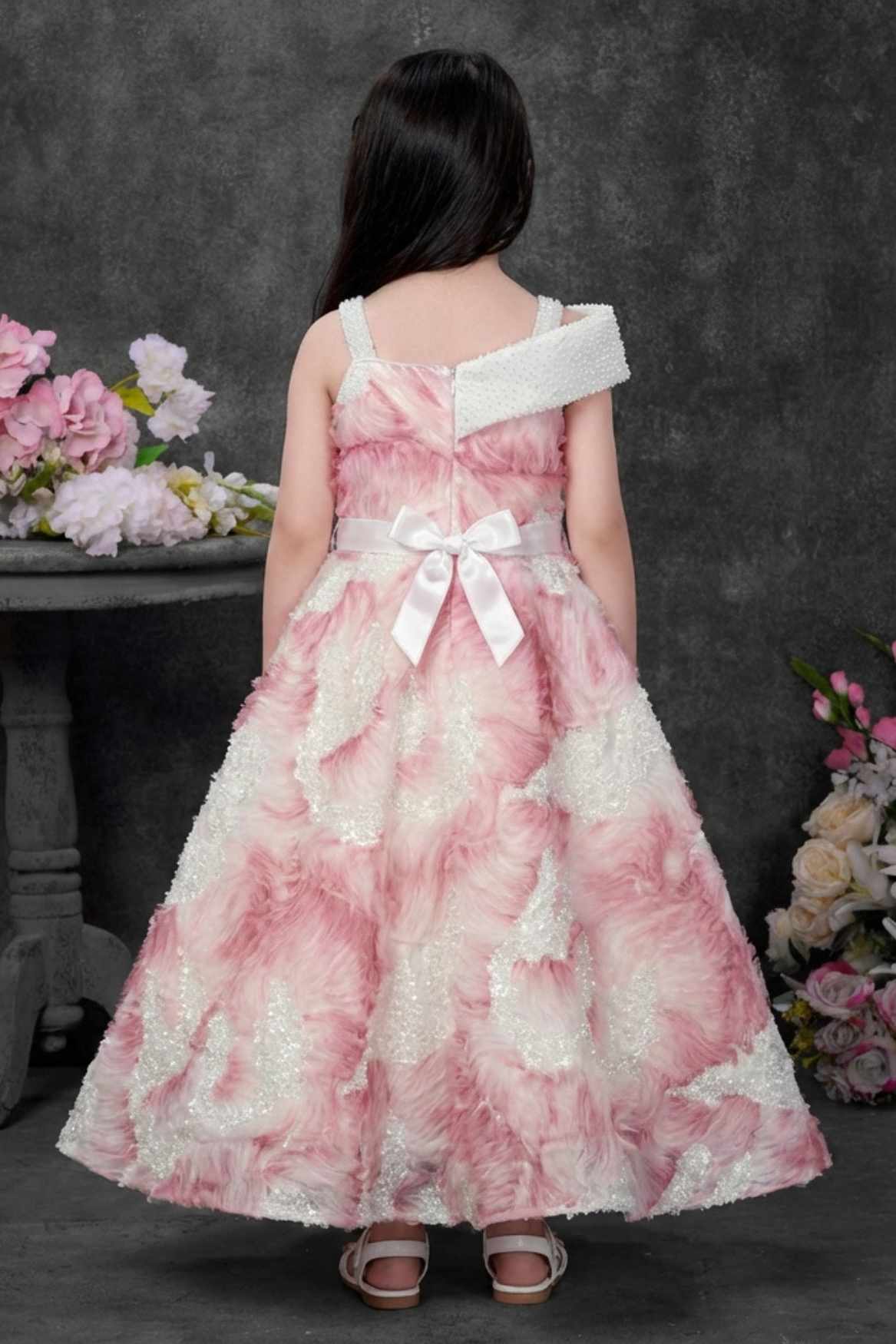 Blush Pink And Ivory Floral Appliqué Party Wear Gown For Girls