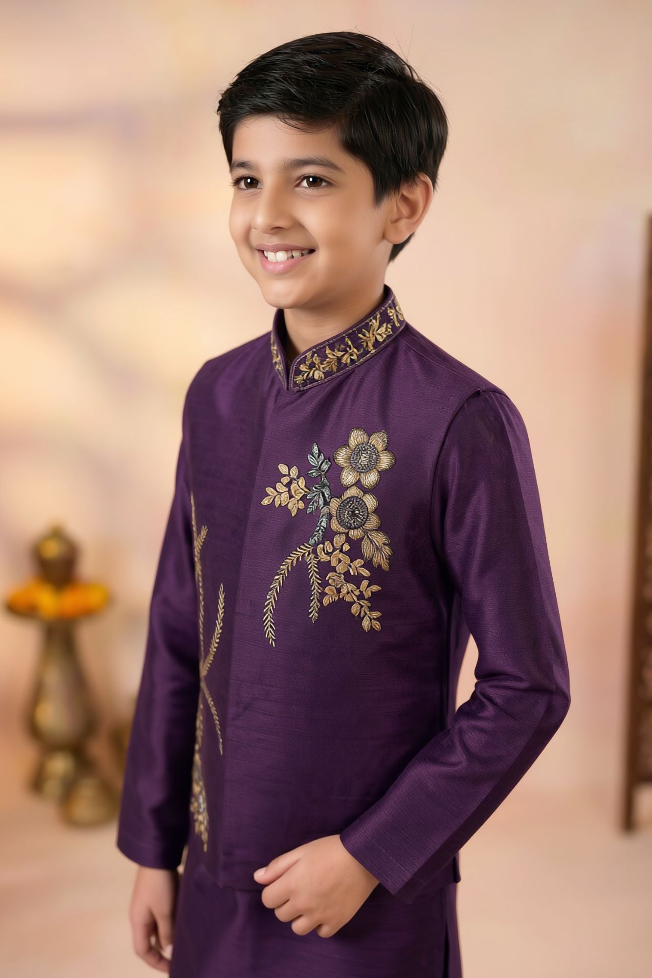 Boys Wine Kurta Set with Embroidered Nehru Jacket