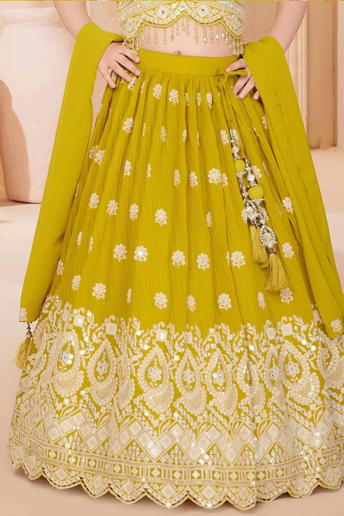 Yellow Embroidered Lehenga Choli Set With Dupatta for Girls