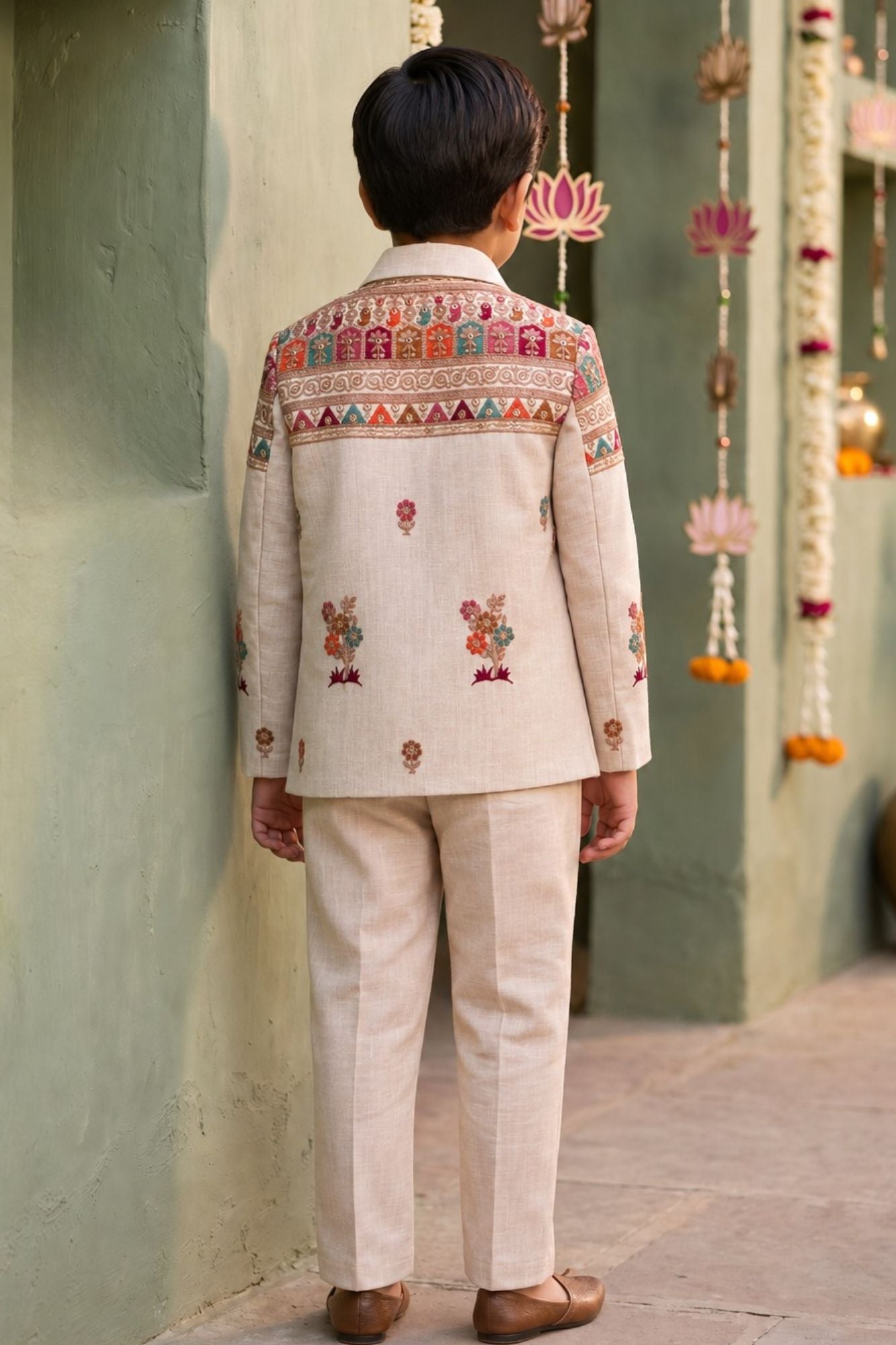 Boys Ivory Embroidered Coat Suit Set