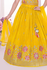Yellow Floral Embroidered Lehenga Choli Set with Dupatta For Girls
