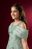 Mint Blue Floral Embroidered Party Gown For Girls