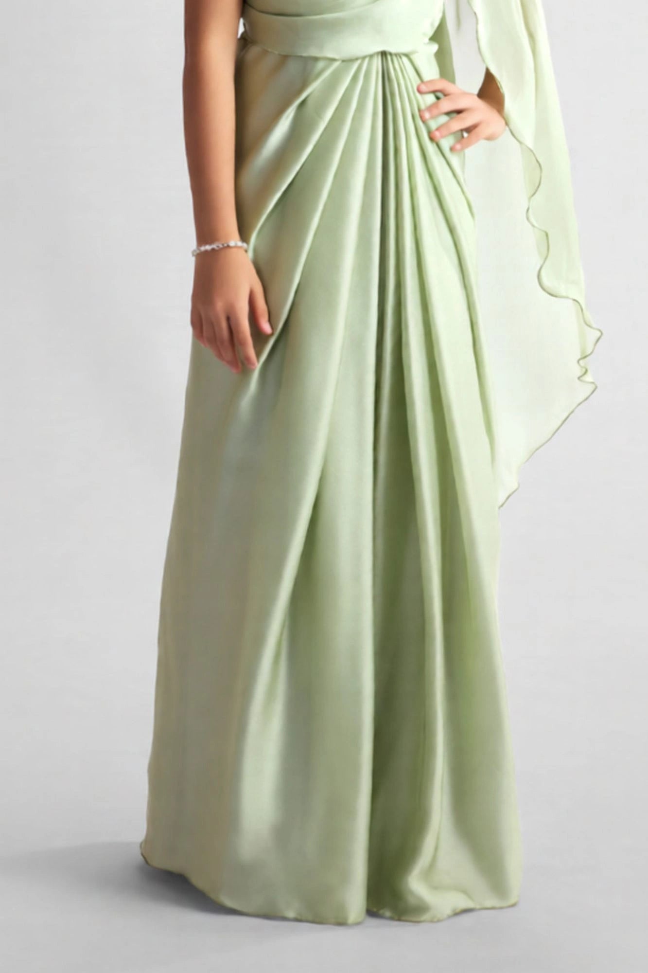 Light Green Pre-Draped Saree Gown with Embellished Strap For Girls