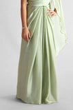 Light Green Pre-Draped Saree Gown with Embellished Strap For Girls