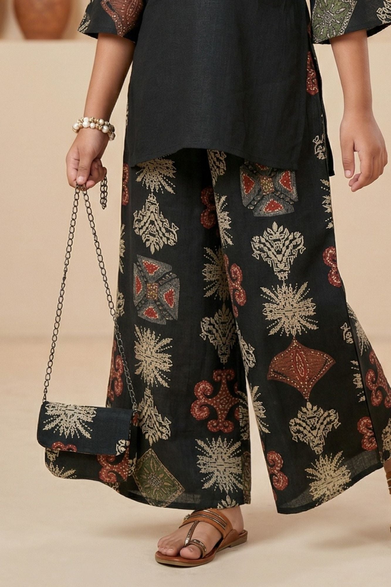 Black Ethnic Printed Co-Ord Set For Girls