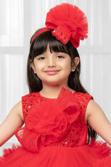 Red Sleeveless And Sequins Worked With Floral Embellished Tail Back Frock For Girls