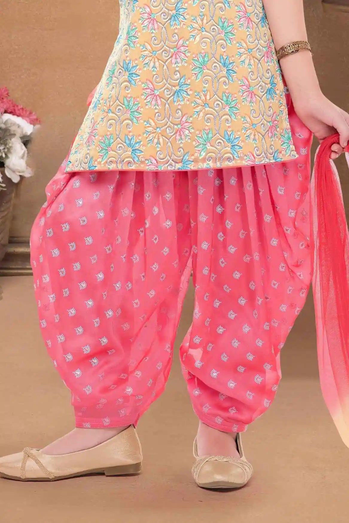 Multicolor Embroidered Patiala Set With Embroidered Kurti And Dupatta For Girls