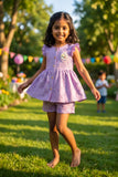 Charming Girls Purple Textured Top & Shorts Set with Ruffle Details