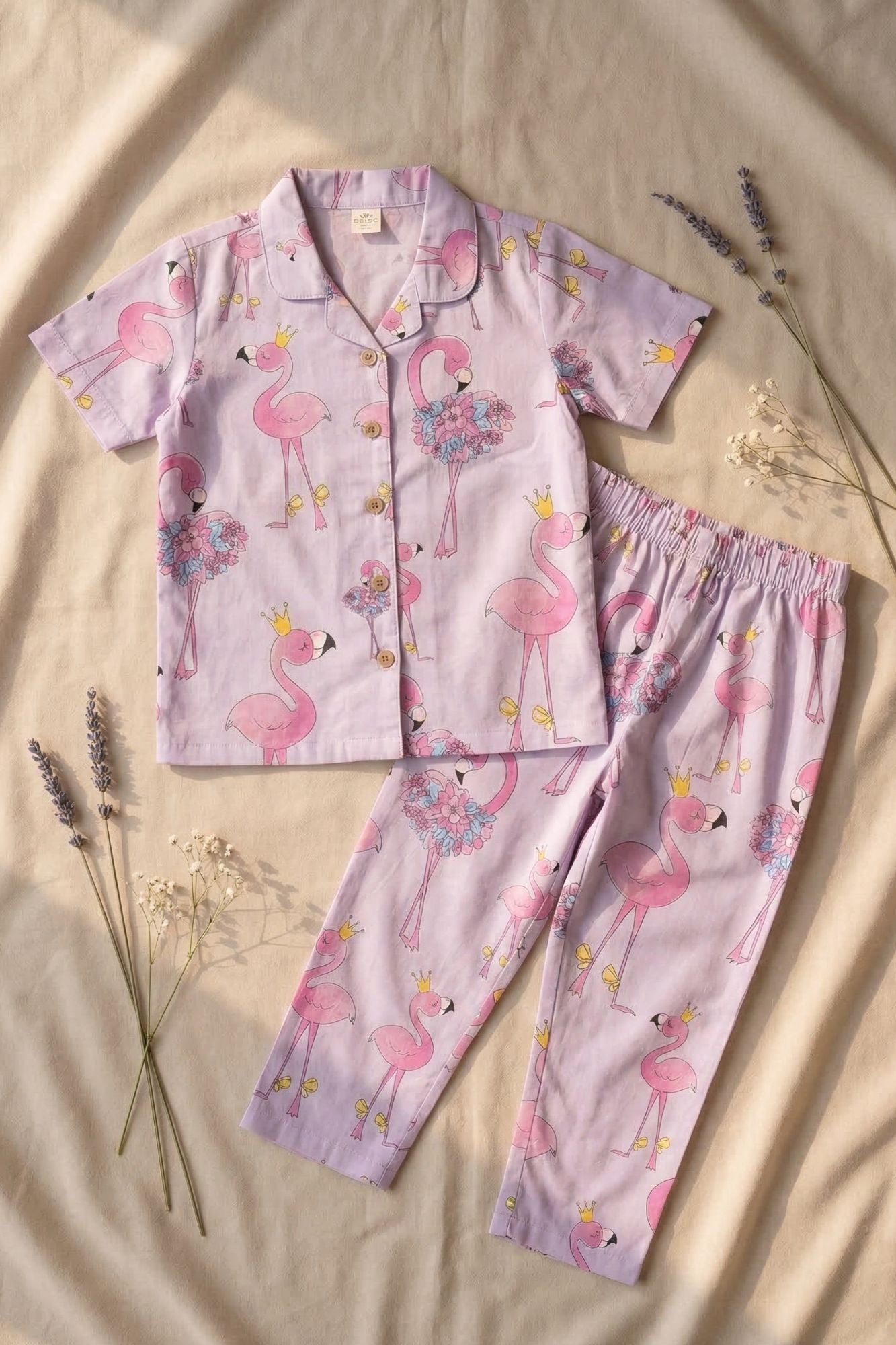 Lilac Flamingo Print Cotton Night Suit Set For Girls