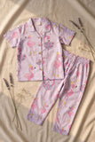 Lilac Flamingo Print Cotton Night Suit Set For Girls