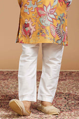 Mustard Full Sleeves With Floral Print And Embroidered Ethnic Kurta For Boys