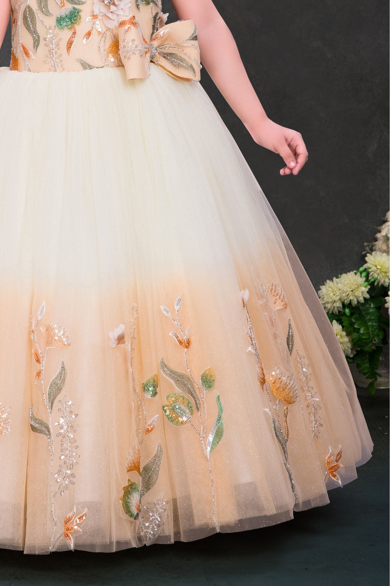 Peach Floral Embroidered One-Shoulder Party Wear Gown For Girls