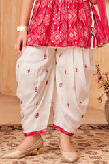 Rani Pink Mirror Work Kurti With Sequins And Zari Embroidered Dhoti Set For Girls