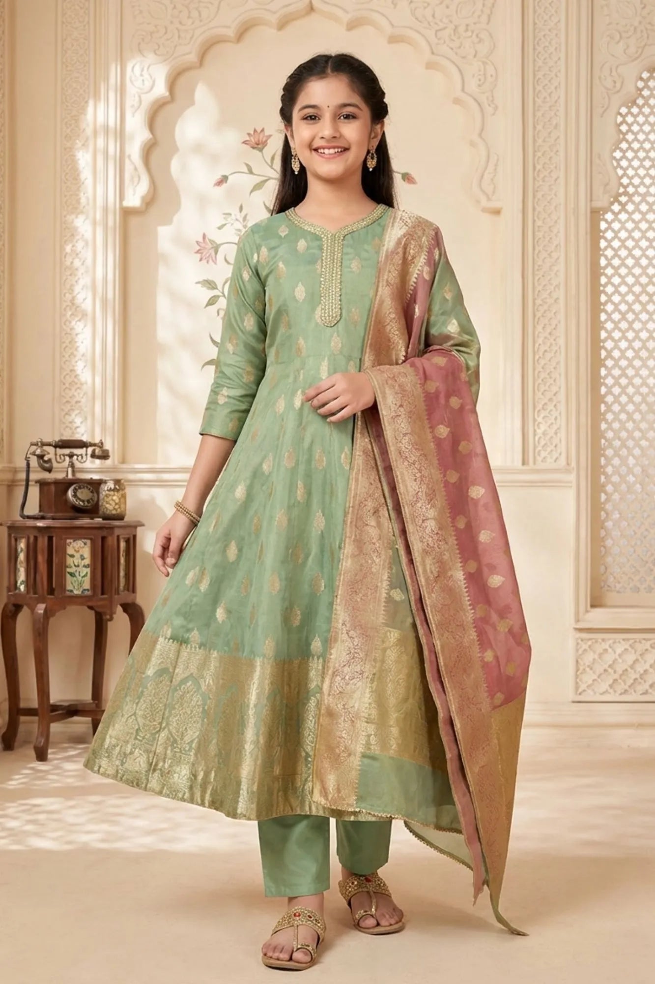 Girls Mint Green  Kurta Set With Dupatta