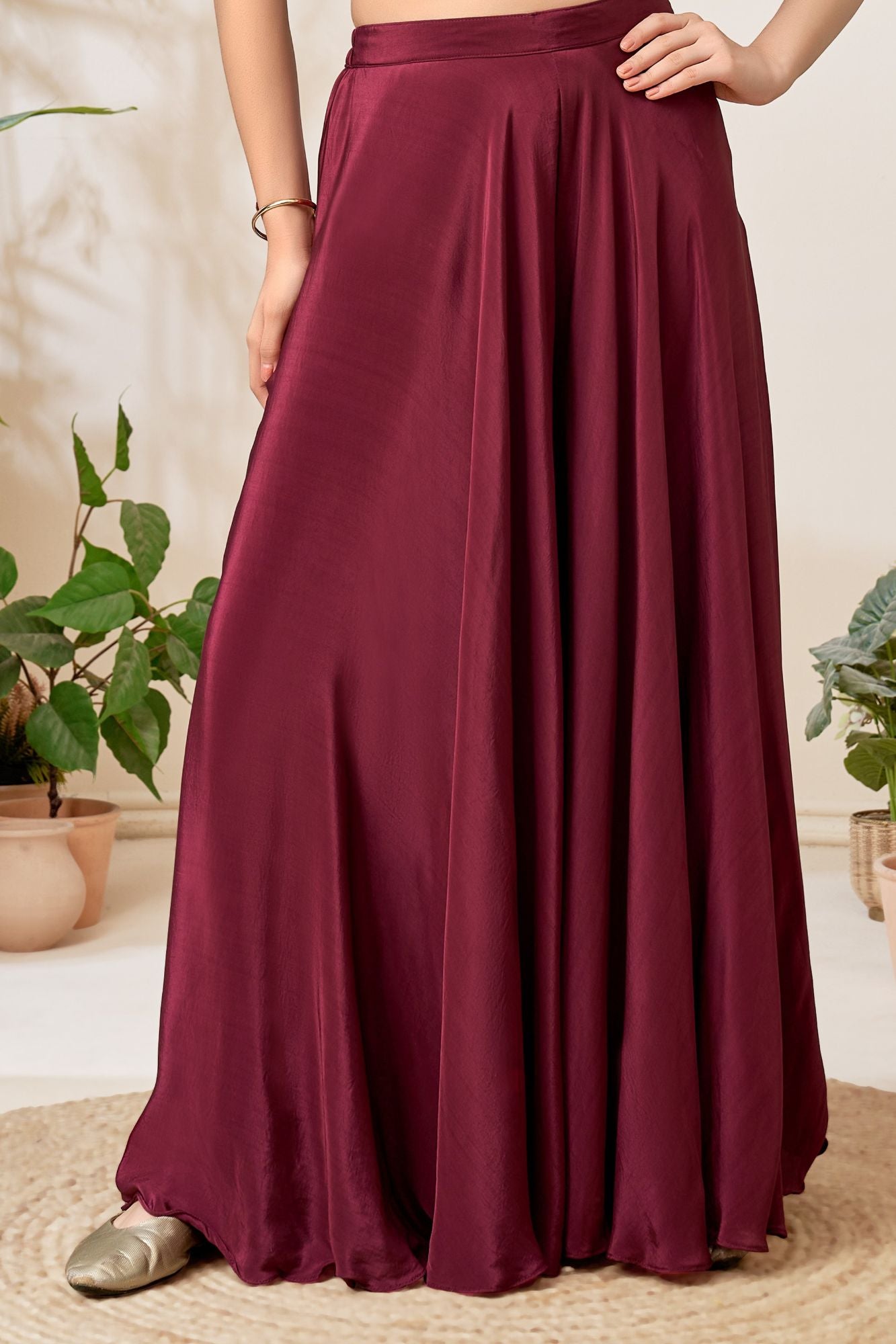 Plum Embroidered Crop Top with Flared Palazzo Set For Girls