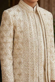 Cream Embroidered Indo Western Sherwani Set For Boys