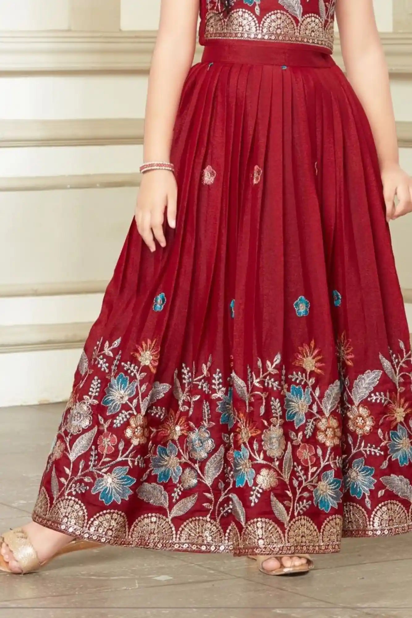Maroon Floral Embroidered Ethnic Lehenga Choli for Girls