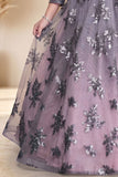 Charcoal Embroidered Ball Gown with Velvet Drape Neck