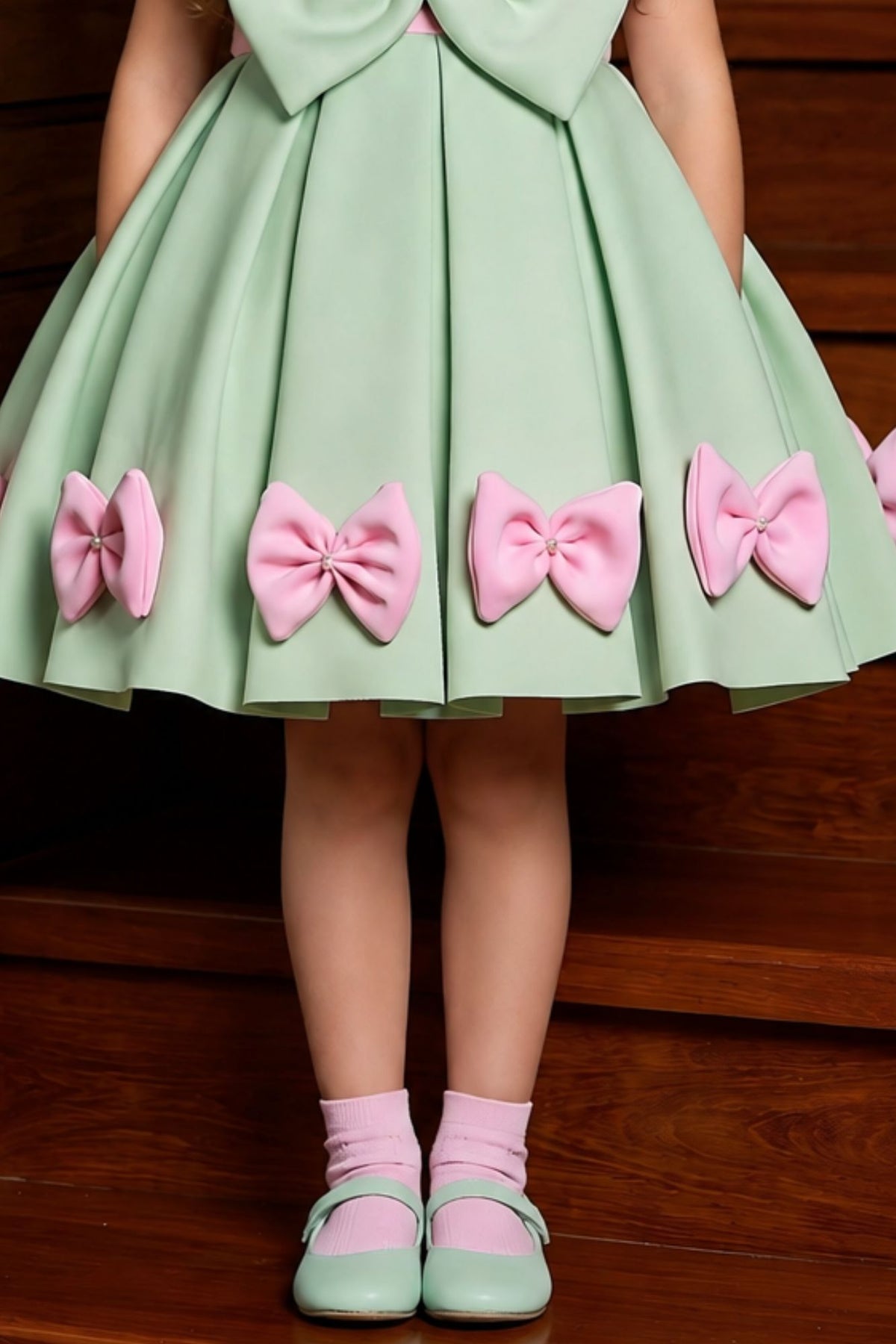 Girls Pista Green And Pink Bow Applique Party Wear Frock