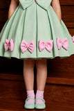 Girls Pista Green And Pink Bow Applique Party Wear Frock