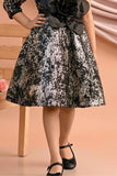 Black One-Shoulder Sequin Party Frock with 3D Floral Waist Applique For Girls