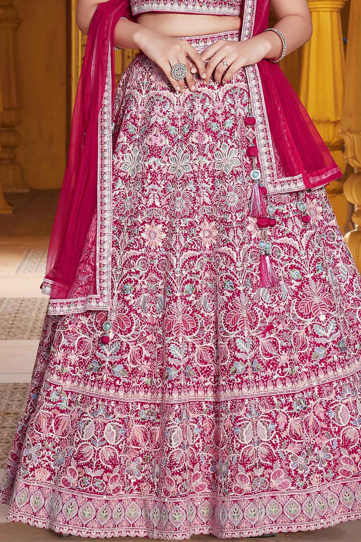 Red Sequin And Thread Embroidery Work Lehenga Choli Set For Girls