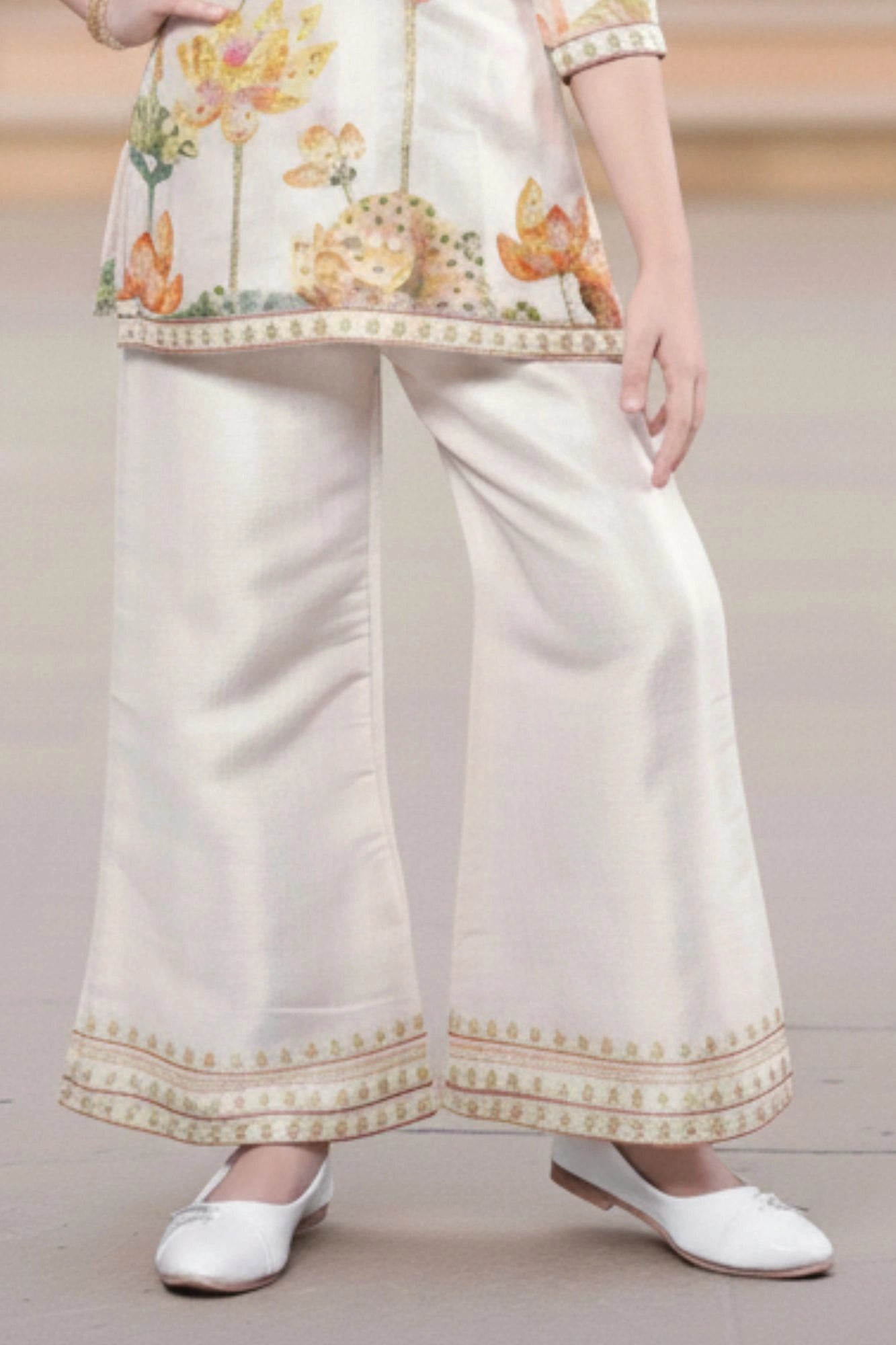 Beige Floral Printed and Sequins Work Palazzo Set For Girls