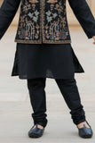 Black Kurta Pajama with Multicolored Embroidered Nehru Jacket Set For Boys