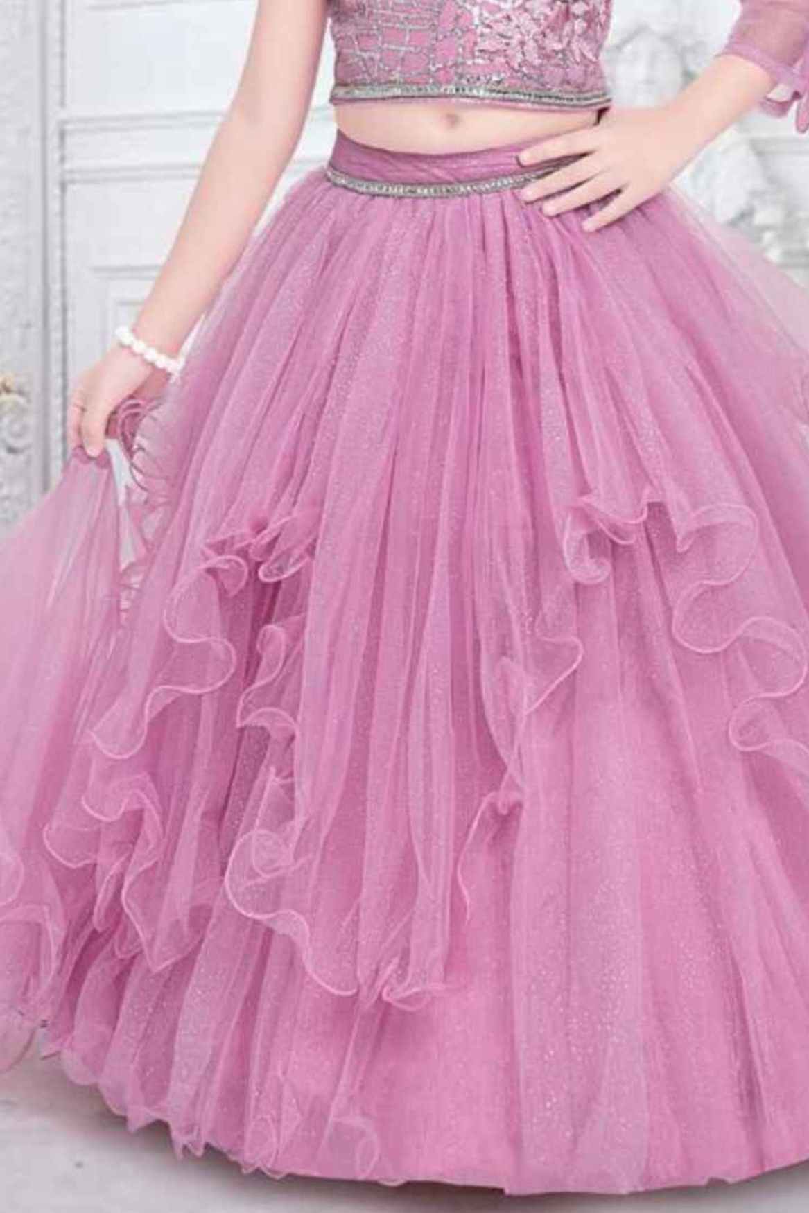 Pink Sequin Ghagra-Choli Set With Floral Embellishments For Girl