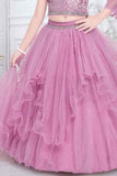 Pink Sequin Ghagra-Choli Set With Floral Embellishments For Girl