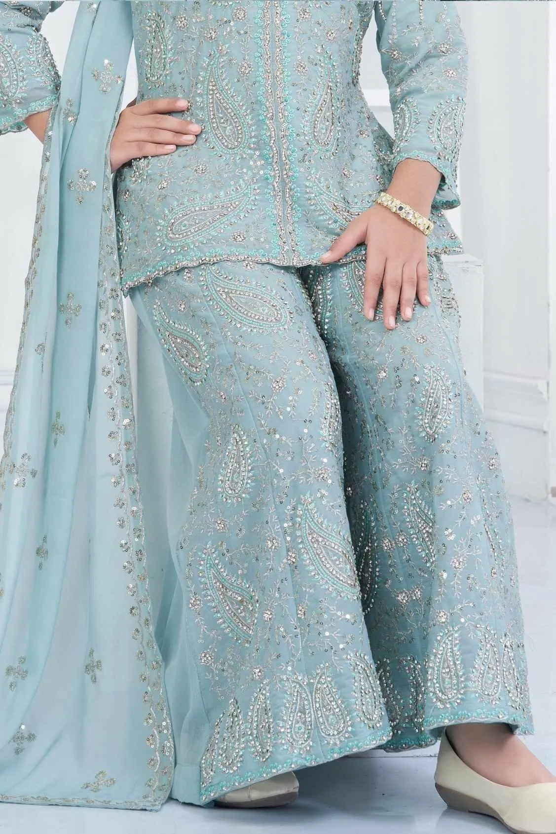 Aqua Blue Embroidered Palazzo Set for Girls