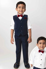 White Shirt With Navy Blue Waistcoat And Pant Set For Boys