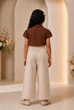 Brown Applique Top with Beige Wide Leg Pants Set