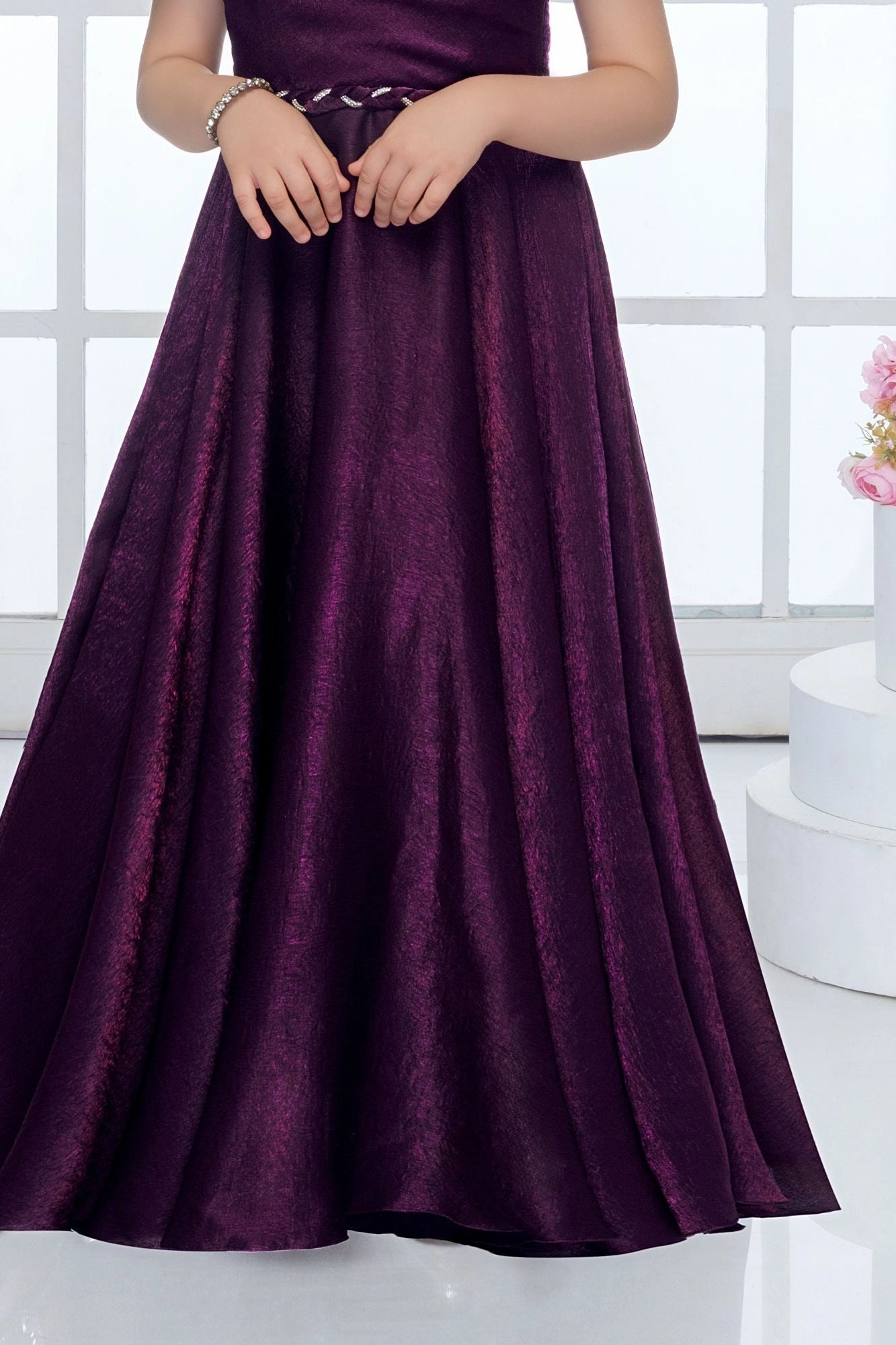 Dark Wine Embellished Off-Shoulder Party Gown For Girls