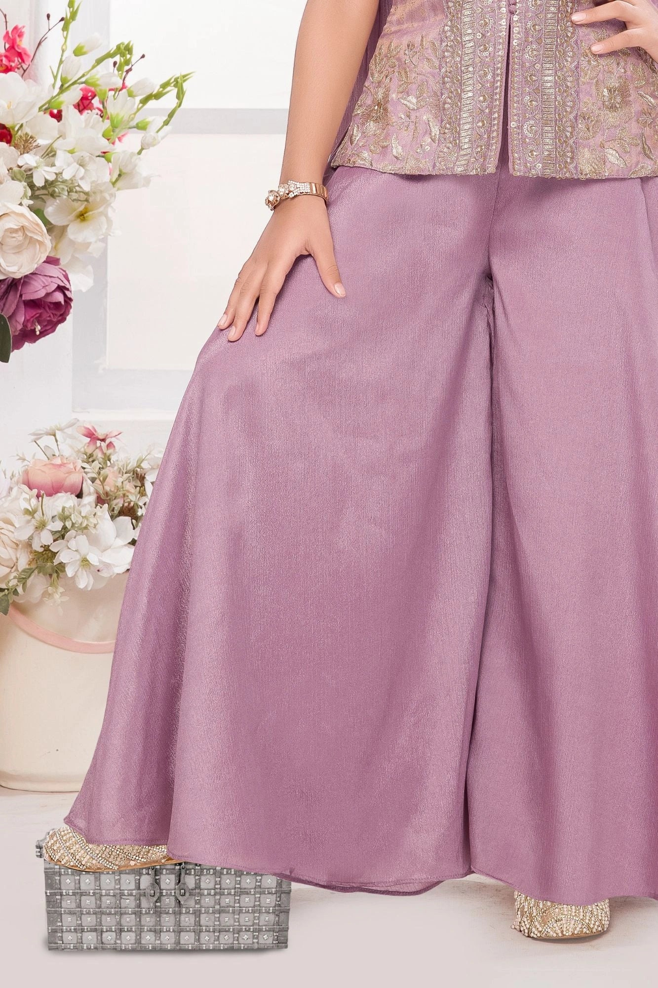 Mauve Embroidered Kurti with Palazzo and Dupatta For Girls