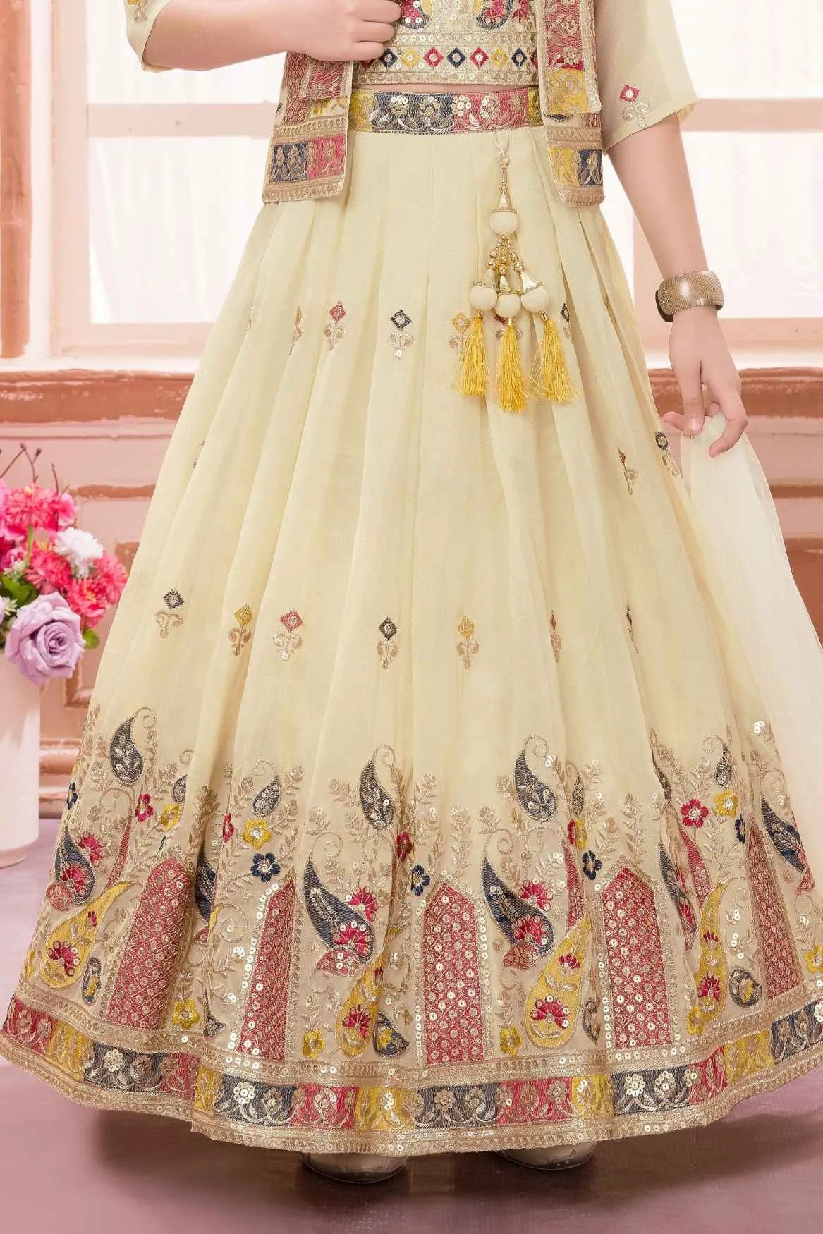 Cream Embroidered Lehenga Choli with Jacket For Girls