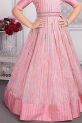 Pink Silk Sequins Gown With Puff Sleeves For Girls