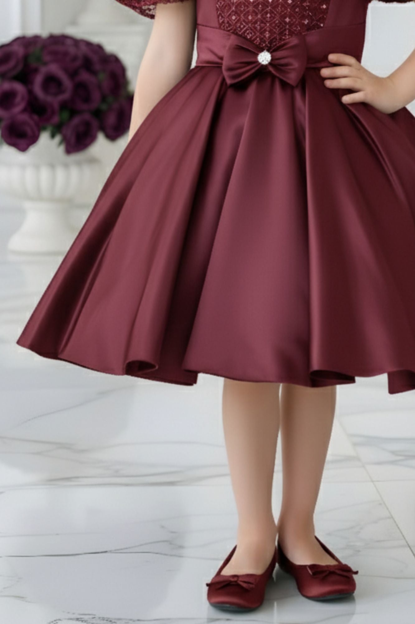 Maroon Embellished Party Wear Frock with Bow Waist Accent For Girls