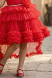 Red Ruffle Layered High-Low Party Frock For Girls
