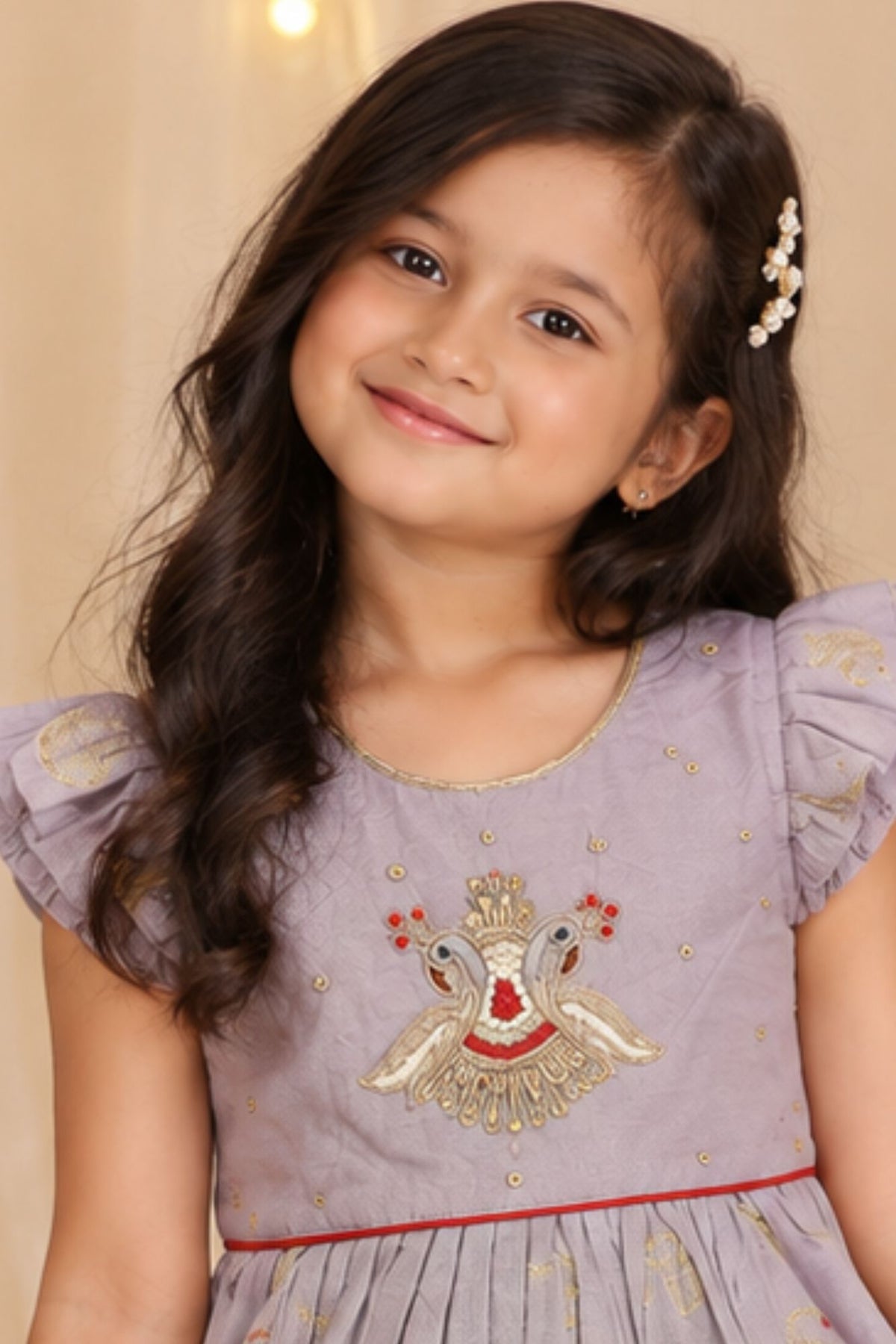 Girls Lilac Swan Embroidered Ruffle Sleeve Flared Dress