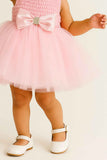 Pink Tulle Party Dress With Satin Bow For Girls