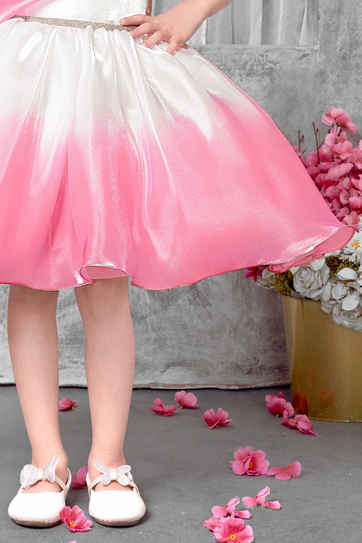 Pink And White Off-Shoulder  Party Frock For Girls