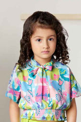 Green Printed Top With Shorts Sets For Girls